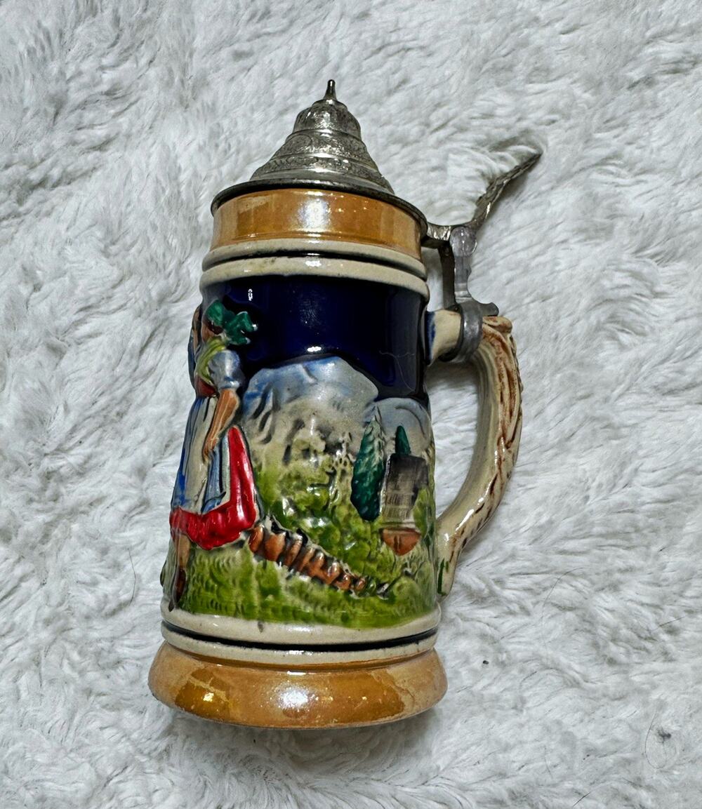 Vintage Western Germany Beer Stein 1/4L Raised Relief Scene Pewter Lid #3